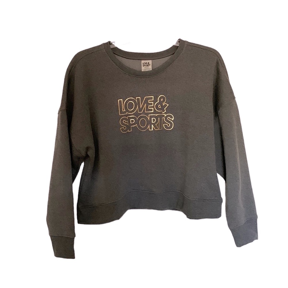 Love and Sports sweatshirt, NWOT crop style,dolman sleeves, gray w/gold letters - Picture 3 of 7
